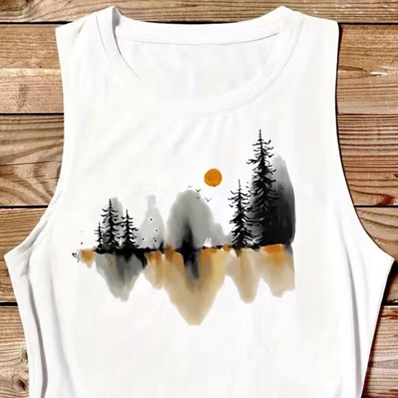 Tops - White Landscape Print Sleeveless Top Shirt